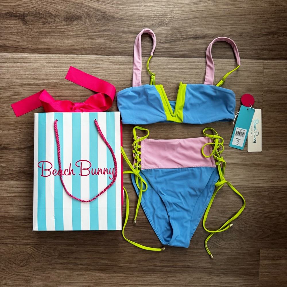 Beach Bunny Brooke Bandeau Bikini Set Small Top XS Bottom Blue Pink Neon